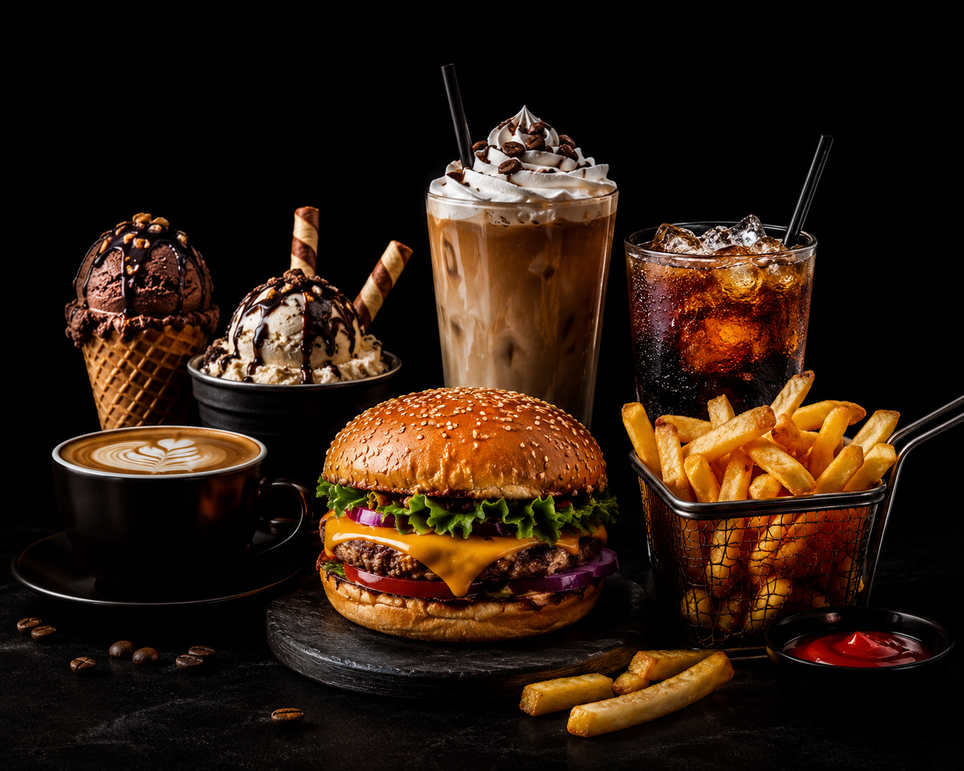 burger, chips, icecream